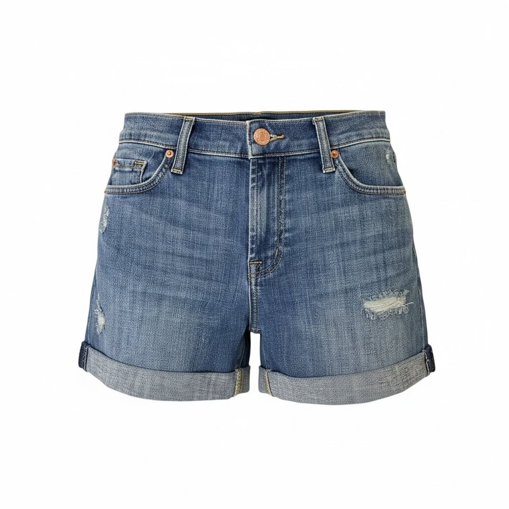 NWT 7 For All Mankind Cuffed Denim Shorts Size 27 Blue Distressed Mid Rise